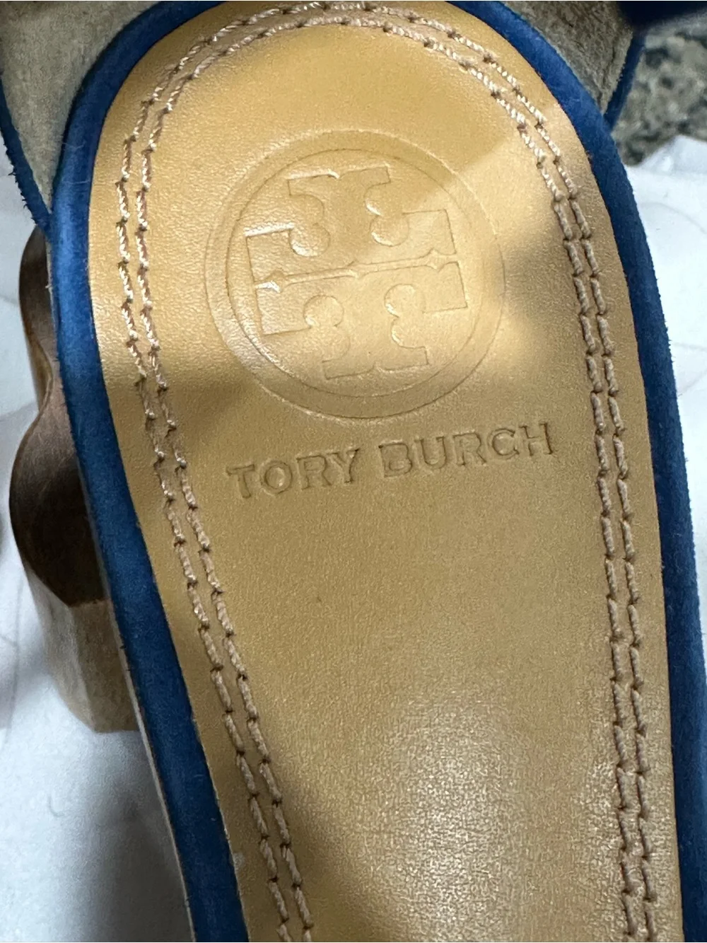 Tory Burch Navy Blue Fringe Platform Sandals with Orange and Cream Accents